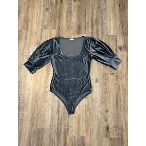 Free People Women’s Grey Velvet Bodysuit Puff Sleeve Scoop Neck Size Small